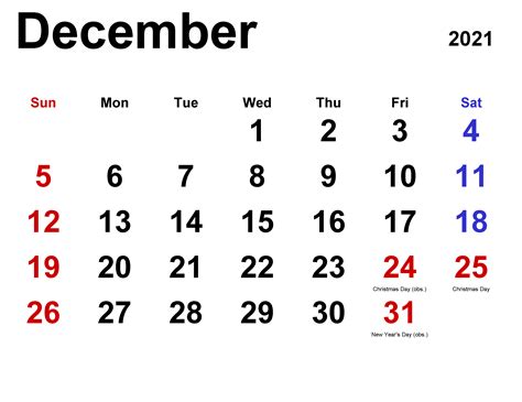 Printable Calendar 2021 December